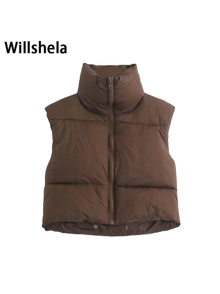 Willshela Women Fashion High Neck Cropped Waistcoat Puff Vest Casual Woman Sleeveless Jacket Chic Lady Winter Warm Outfits