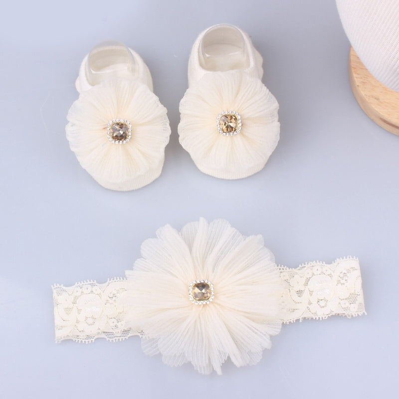 Lovely Pearl Bows Newborn Baby Girl Headband Socks Set Lace Flower Baby Hair Band Turban Baby Little Girl Hair Accessories