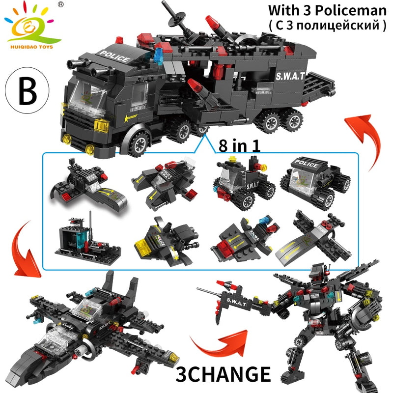 HUIQIBAO SWAT Police Station Truck Model Building Blocks City Machine Helicopter Car Figures Bricks Educational Toy For Children
