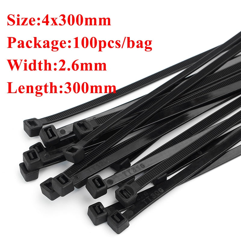 Self-locking plastic nylon tie 100PCS/bag  black Zip wraps strap nylon cable tie set 3*100 fastening ring 3X200 Loop Wire Wrap
