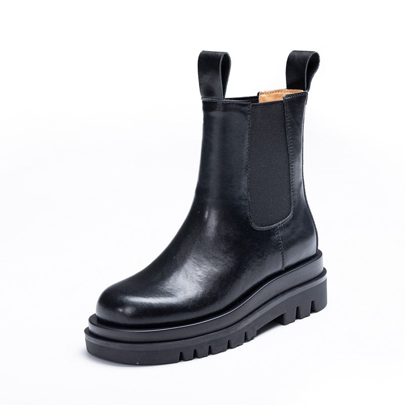 CXJYWMJL Plus Size Genuine Leather Women Chelsea Boots Elastic Band Platform Chimney Boot Ladies Autumn Booties Winter Warm Shoe
