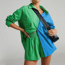 Women Casual Tracksuit Shorts Set Summer Long Sleeve Shirt Tops And Mini Drawstring Shorts Suit Lounge Wear Two Piece Set