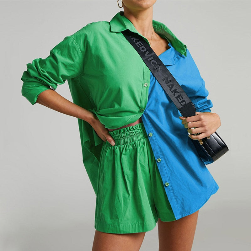 Women Casual Tracksuit Shorts Set Summer Long Sleeve Shirt Tops And Mini Drawstring Shorts Suit Lounge Wear Two Piece Set