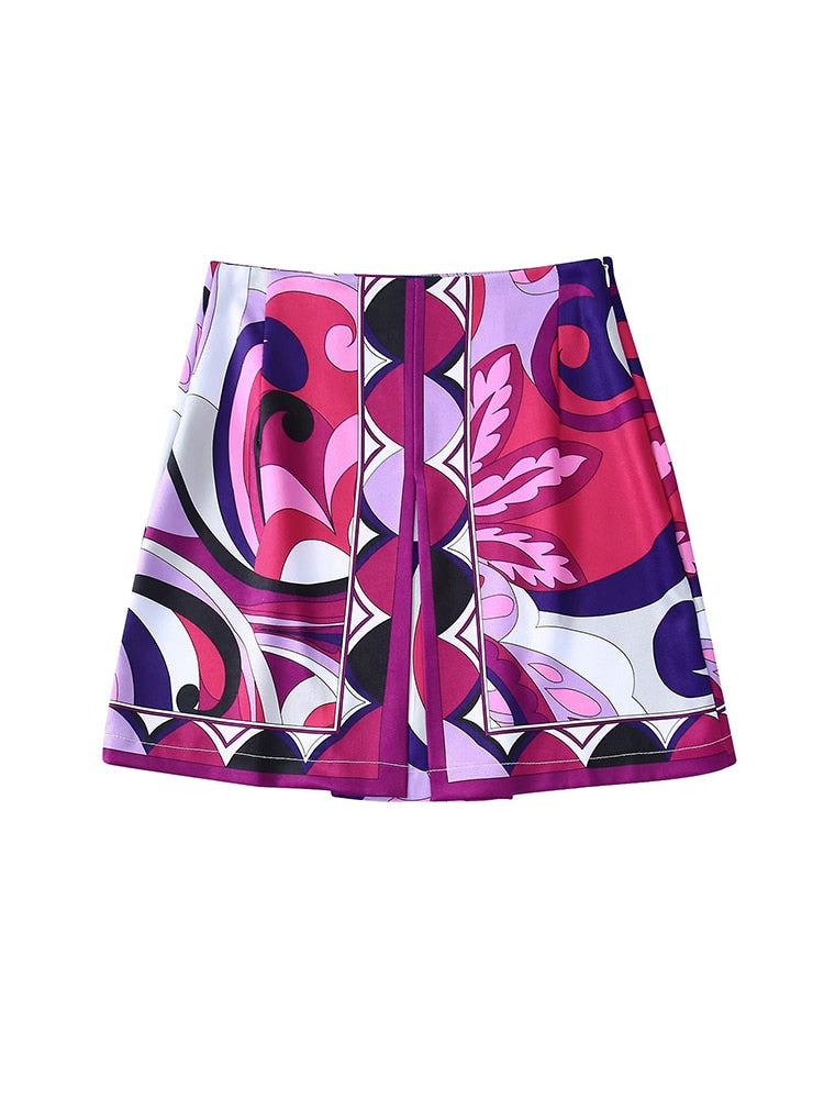 TFMLN 2022 Summer Women 2PCS Print Blouses+Skirts Set New Turn Down Collar Long Sleeve Tops High Waist Dress Girl Outfits