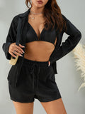 Cotton and Linen suit 2021 Women Solid Clothes Set Half Sleeve Lapel Neck Button-up Shirt+Irregular Hem Drawstring Shorts Sets