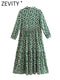 ZEVITY New Women Vintage Geometric Print Pleats Casual Slim Midi Shirt Dress Female Chic Pleats Ruffles A Line Vestido DS395