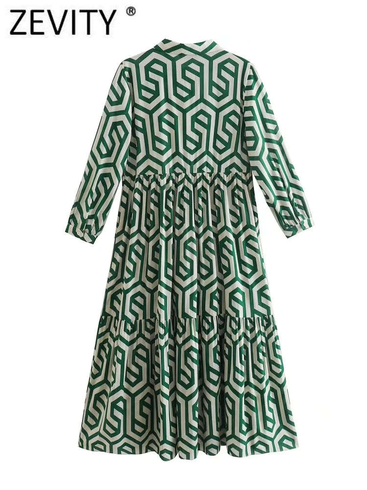 ZEVITY New Women Vintage Geometric Print Pleats Casual Slim Midi Shirt Dress Female Chic Pleats Ruffles A Line Vestido DS395