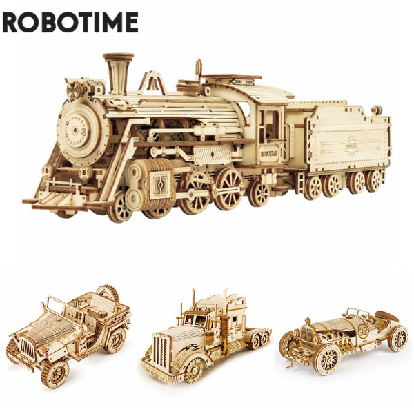 Robotime Rokr 3D Puzzle Movable Steam Train,Car,Jeep Assembly Toy Gift for Children Adult Wooden Model Building Block Kits