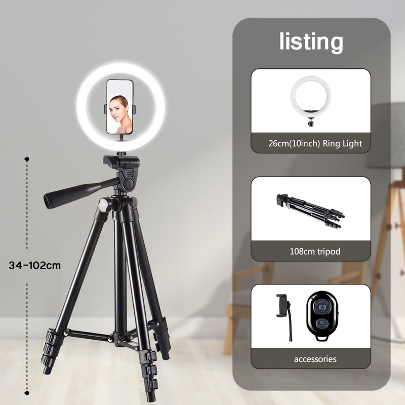 10&quot; 26cm LED Selfie Ring Light Photography Video Light RingLight Phone Stand Tripod Fill Light Dimmable Lamp Trepied Streaming