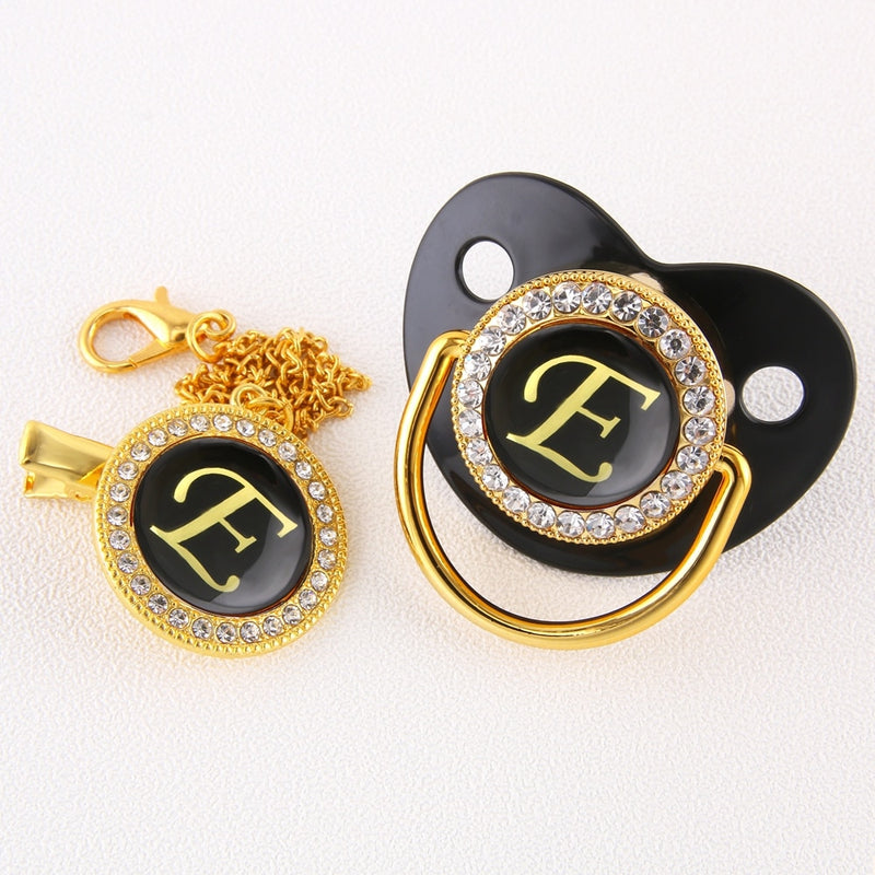 Black Bling Baby Pacifier And Clip Alphabet Letter M Infant Pacifier Gold Letter Unique Name Initials Baby Shower Gift