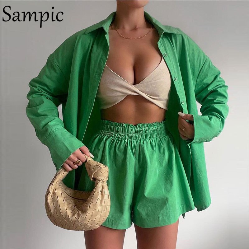 Sampic Loung Wear Tracksuit Women Shorts Set Stripe Long Sleeve Shirt Tops And Waist Loose High Mini Shorts Two Piece Sets 2021
