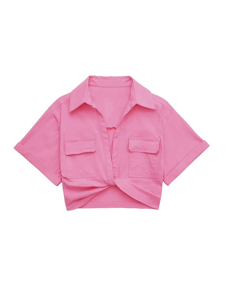 TRAF Women Fashion Front Knot Elastic Linen Cropped Shirts Vintage Short Sleeve Patch Pockets Female Blouses Blusa Chic Tops