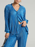 Casual Women&#39;s Shirt Pleated Two Piece Set Green Loose High Waist Wide Leg Pants Suit 2022 Elegant Office Ladies Female Outfits