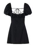 XNWMNZ women white fashion linen blend dress female square neck short puff sleeves backless crossover straps dress for women's
