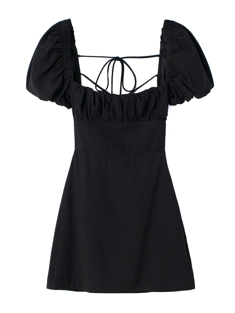 XNWMNZ women white fashion linen blend dress female square neck short puff sleeves backless crossover straps dress for women's
