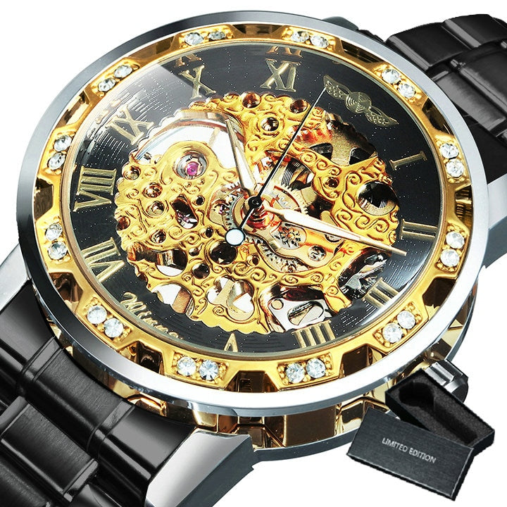 WINNER Transparent Skeleton Watch for Men Mechanical Wristwatches Diamond Watches Mens Luxury Stainless Steel Strap Unisex Clock