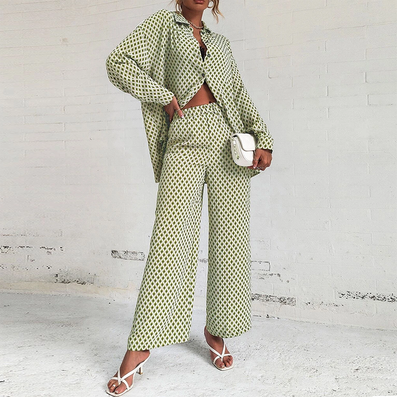 Summer Fashion Printed Loose Long Sleeves Shirts Straight Pants Two Piece Suits New Streetwear Women&