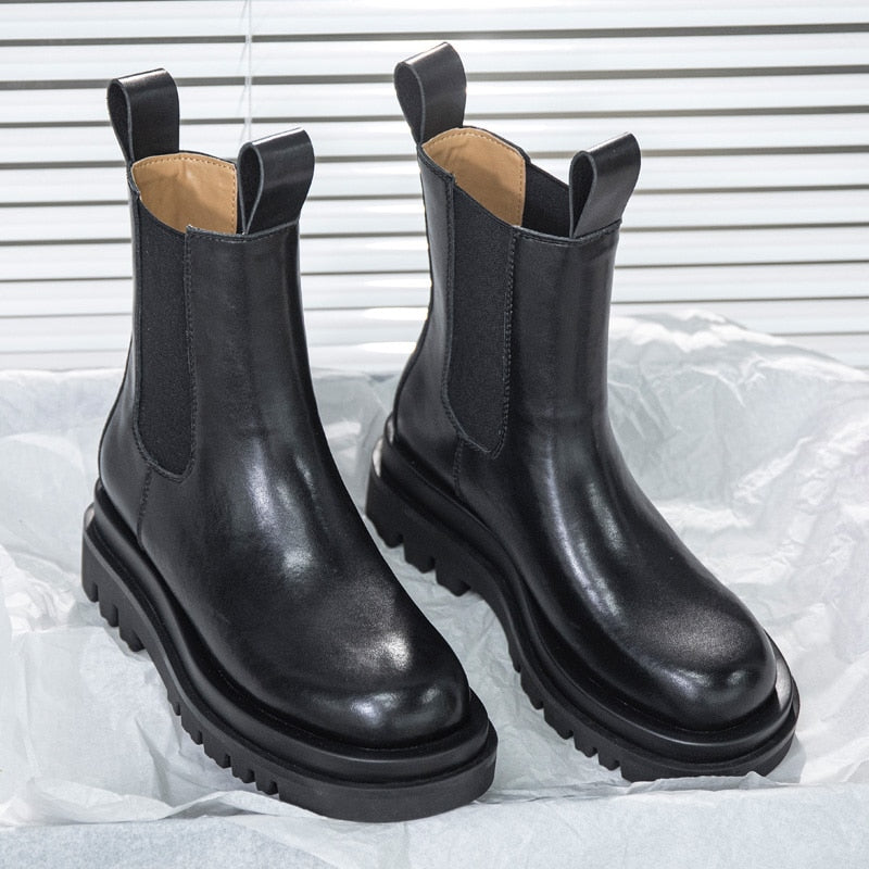 CXJYWMJL Plus Size Genuine Leather Women Chelsea Boots Elastic Band Platform Chimney Boot Ladies Autumn Booties Winter Warm Shoe