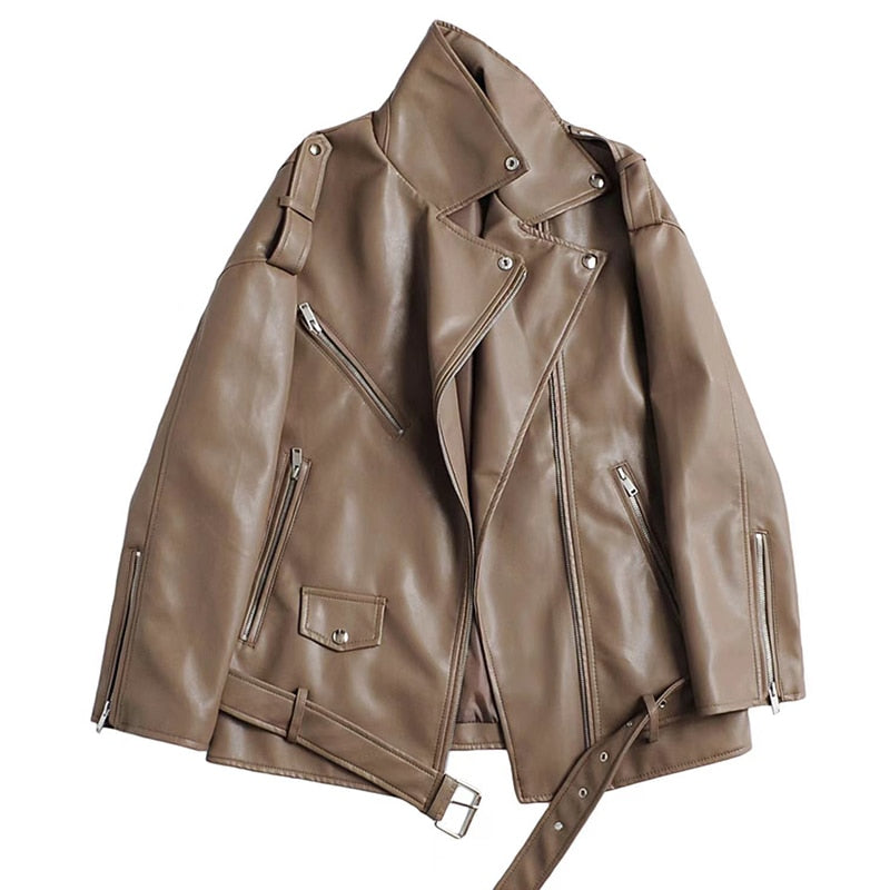 FTLZZ Spring Autumn Faux Leather Jackets Women Loose Casual Coat Female Drop-shoulder Motorcycles Locomotive Outwear With Belt