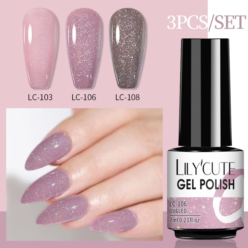 LILYCUTE 3 PCS Gel Nail Polish Set Nude Pink Glitter Sequins Matte Effect Gel Long Lasting Base Top Coat Nail Art Design Hybrid
