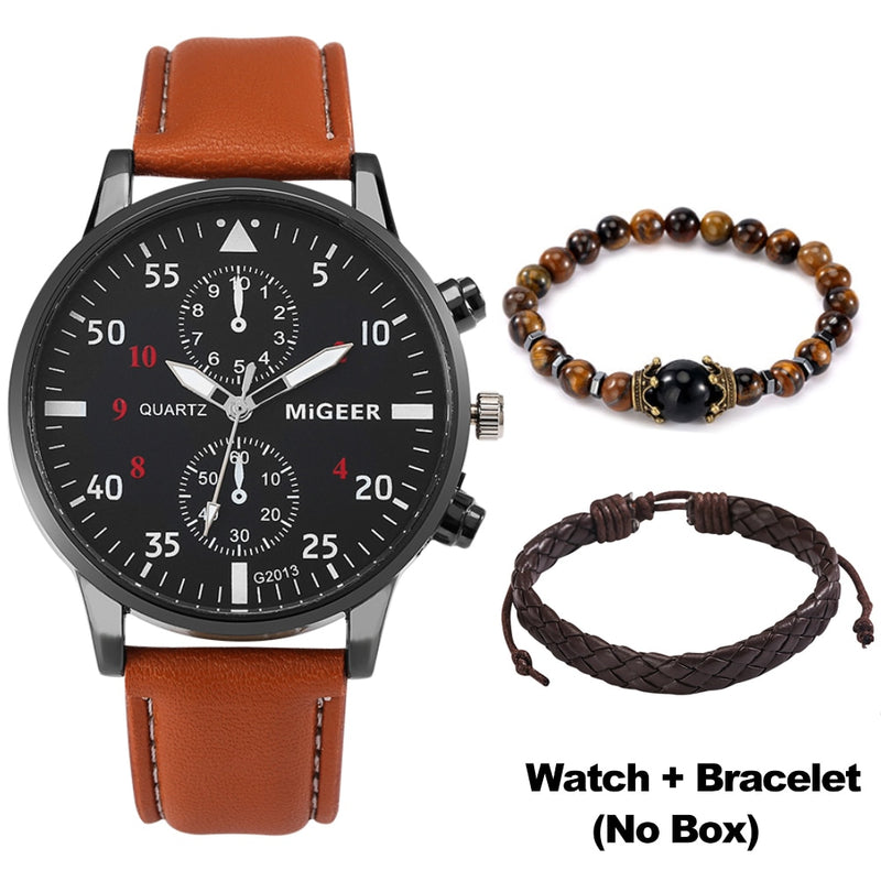 New Male Watch Luxury Bracelet Set Fashion Business Brown Leather Quartz Wrist Watches for Men Gift Set Relogio Masculino