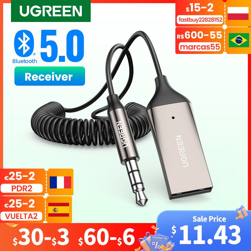 UGREEN Bluetooth Aux Adapter Wireless Car Bluetooth Receiver USB to 3.5mm Jack Audio Music Mic Handsfree Adapter for Car Speaker