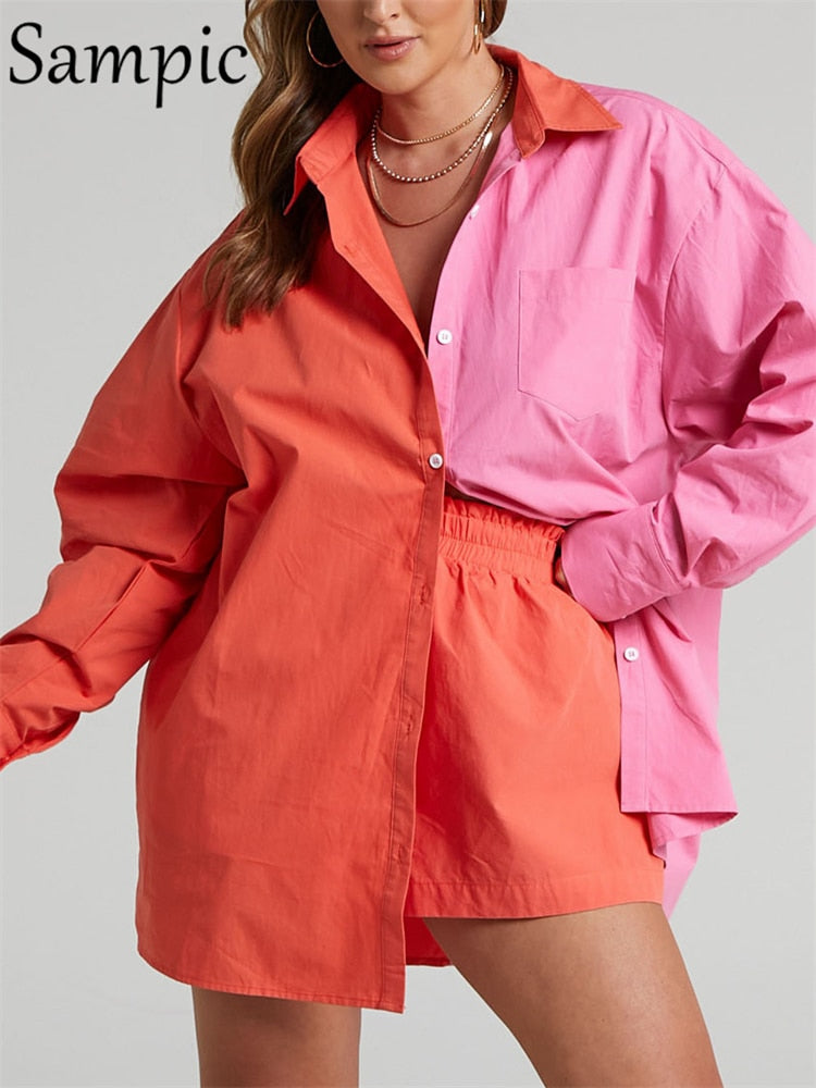 Sampic Women Blue Suit 2022 Casual Loose Long Sleeve Shirt Summer Tops And Mini Shorts Fashion Tracksuit Two Piece Set Outfits