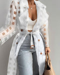 2022 Women Fashion See Through Outdoor Tops Lace Up Spring Solid Sheer Mesh Long Sleeve Buttoned Coat With Belt Elegant Shirts