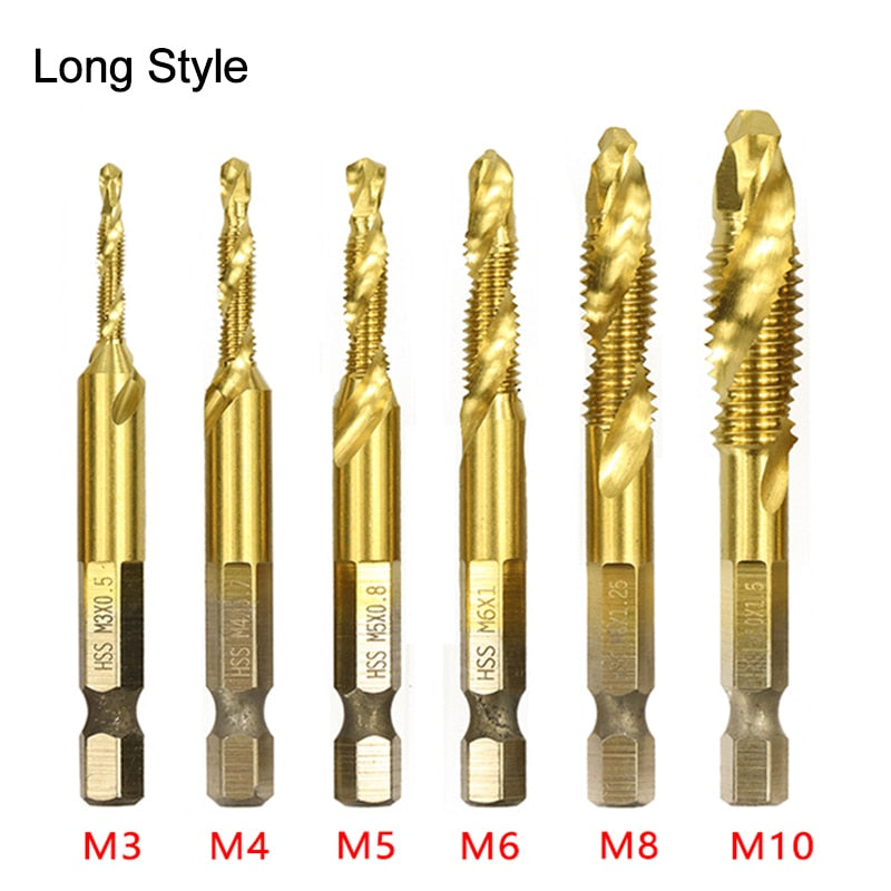 1/6Pcs Tap Drill Bit Set Hex Shank Titanium Plated HSS Screw Thread Bit Screw Machine Compound Tap M3 M4 M5 M6 M8 M10 Hand Tools
