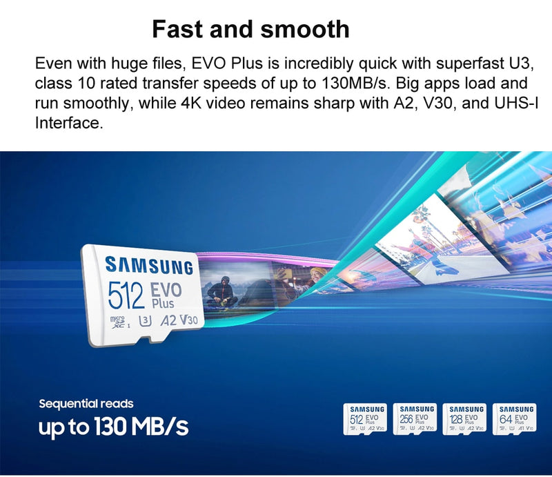 SAMSUNG Micro SD Card  EVO Plus Flash Memory Card 128GB 64GB 256GB 512GB 32GB 8GB Class 10 UHS-I High Speed Microsd TF Card