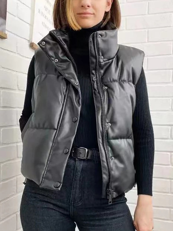 Elina Black Stand Collar Vests Women Fashion Zipper PU Leather Coats Women Elegant Autumn Winter Short Vests Female Ladies IAC