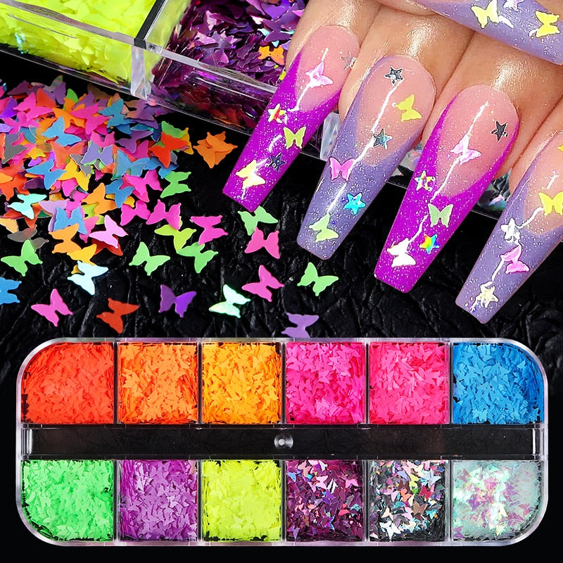 Fluorescence Butterfly Heart Fruits Various Shapes Nail Art Glitter Flakes 3D Colourful Sequins Polish Manicure Nail Decoration