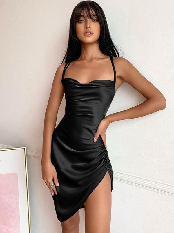 Dulzura Satin Women Strap Mini Dress Ruched Lace Up Cross Bandage Backless Bodycon Sexy Party Elegant 2020 Club Christmas Slim