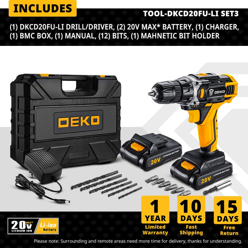 DEKO DKCD Series Compact Cordless Drill Electric Screwdriver Rechargeable Driver DC Lithium-Ion Battery Charged Power Tools