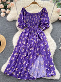 YuooMuoo Limited Big Sale Women Dress Fashion Romantic Floral Print Split Long Summer Dress Puff Sleeve Party Korean Vestidos