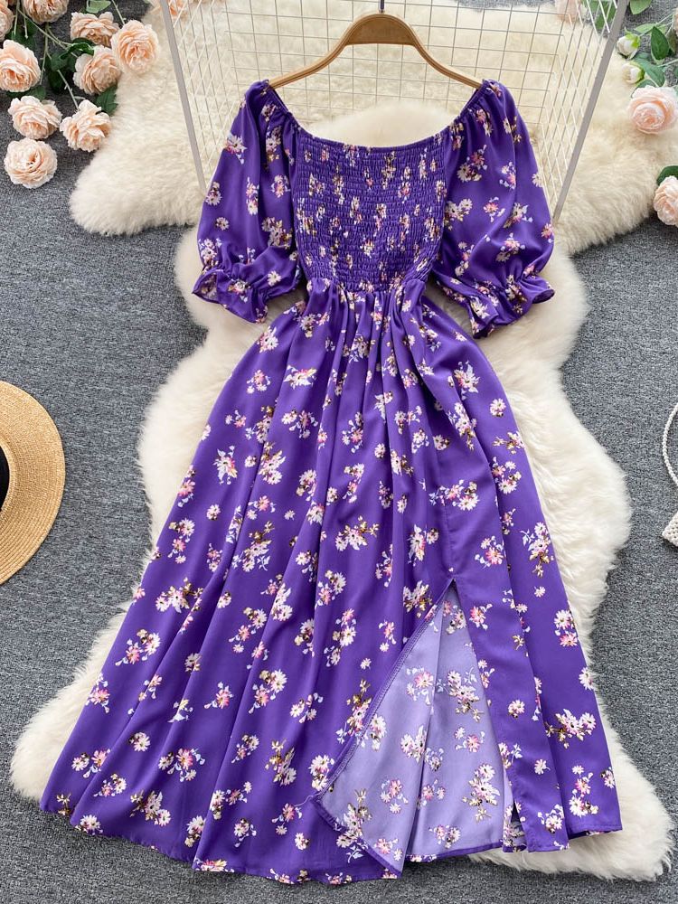 YuooMuoo Limited Big Sale Women Dress Fashion Romantic Floral Print Split Long Summer Dress Puff Sleeve Party Korean Vestidos