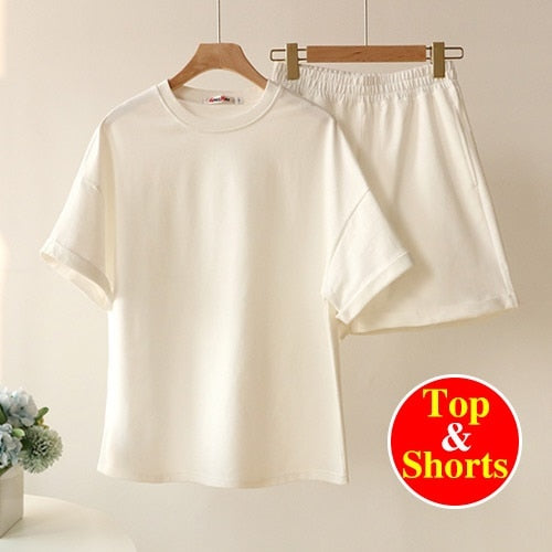 Summer Cotton Tracksuit Women Spring Loose Two Piece Sets Casual Long Sleeve  Sweatshirt &amp; Elastic Waist Shorts Female Outfits