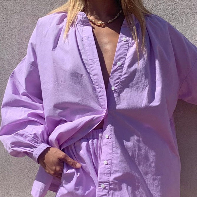 Women Casual Tracksuit Shorts Set Summer Long Sleeve Shirt Tops And Mini Drawstring Shorts Suit Lounge Wear Two Piece Set