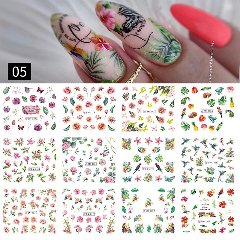 12 Designs Nail Stickers Set Mixed Floral Geometric Nail Art Water Transfer Decals Sliders Flower Leaves Manicures Decoration