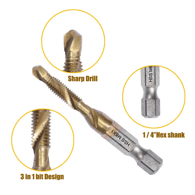 M3 M4 M5 M6 M8 M10 Tap Drill Titanium Plated Hex Shank HSS Screw Machine Compound Hand Tools Metric Thread Tap Drill Bits Set
