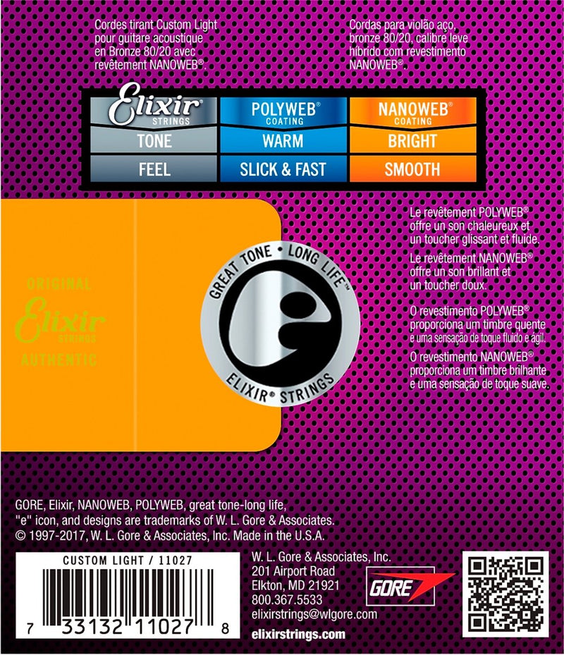 Elixir Acoustic Guitar Strings Set Phosphor Bronze Strings Bright Tone Anti-Rust Nanoweb 11002 11027 11052 16002 16027 16052