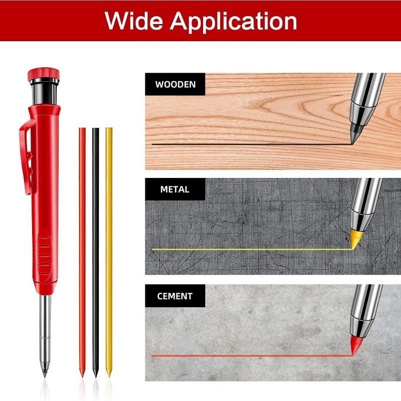 Solid Carpenter Pencil Set with 6 Refill Leads Built-in Sharpener Mechanical Pencil Marking Tool Kit for Woodworking Architect