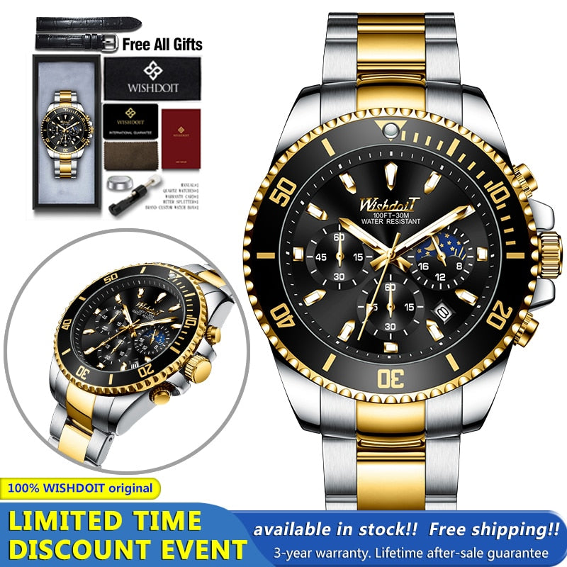 100%Original WISHDOIT Watch for Men TOP Brand Waterproof Sports Stainless Steel Chronograph 2021New Fashion Luxury Wristwatches