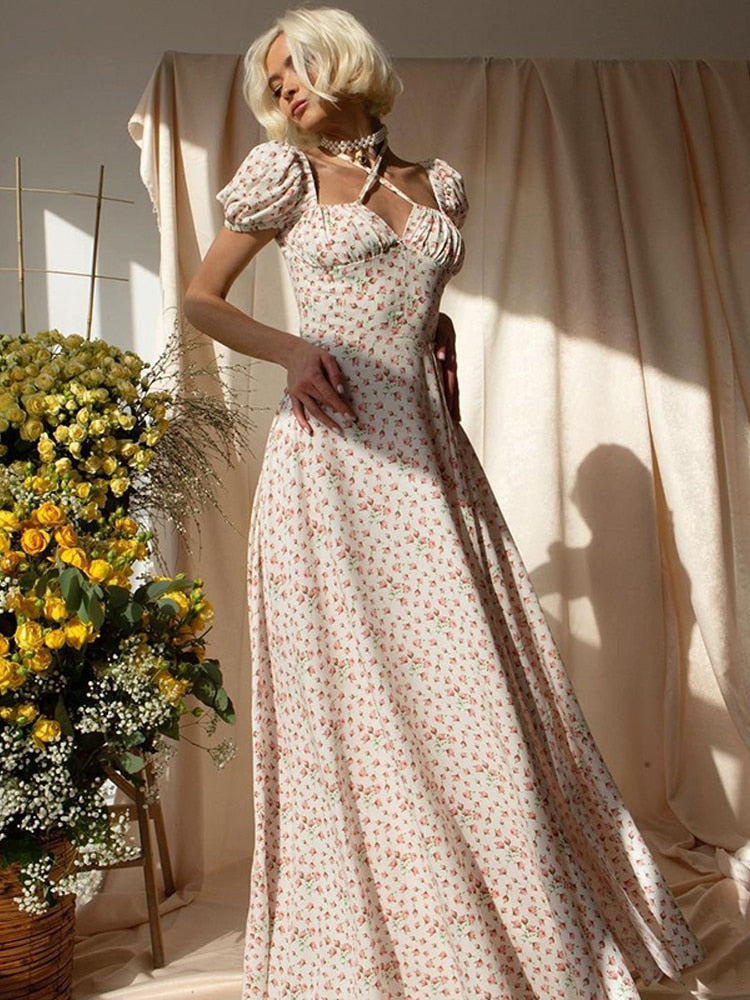 NewAsia Floral Print Dress Sweet Square Neck Puff Sleeve Side Spilt Drawstring Maxi Dresses for Women Party Chic Casual Outfits