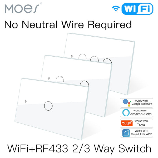 MOES WiFi Smart Light Switch RF433 No Neutral Wire Single Fire Smart Life Tuya App Control Works with Alexa Google Home 110/220V