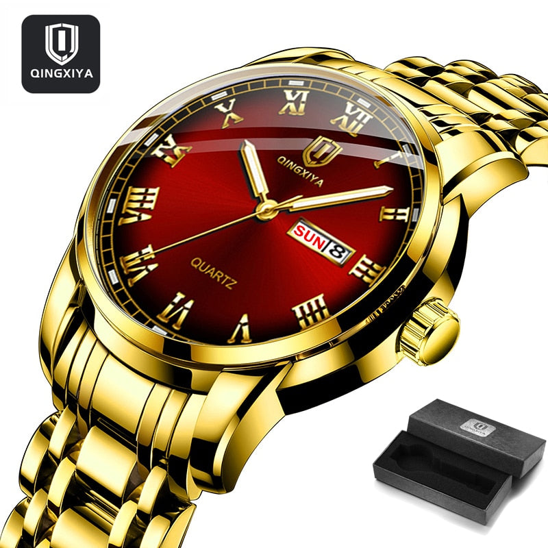 QINGXIYA Top Brand Luxury Gold Red Quartz Watch Men Stainless Steel Luminous Waterproof Watches Week Calendar Business Watch Men