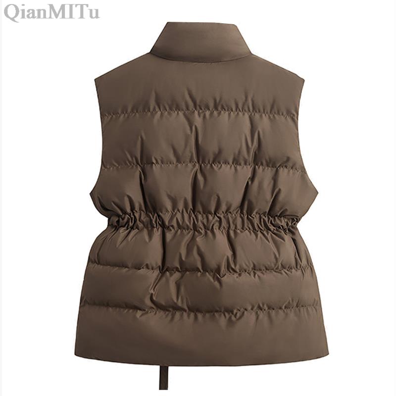 New Fashion Autumn Stand Collar Elegant Coats Warm Outerwear Casual Belt Sleeveless Winter Women Vests Jackets