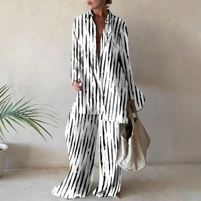 Summer Fashion Printed Loose Long Sleeves Shirts Straight Pants Two Piece Suits New Streetwear Women&