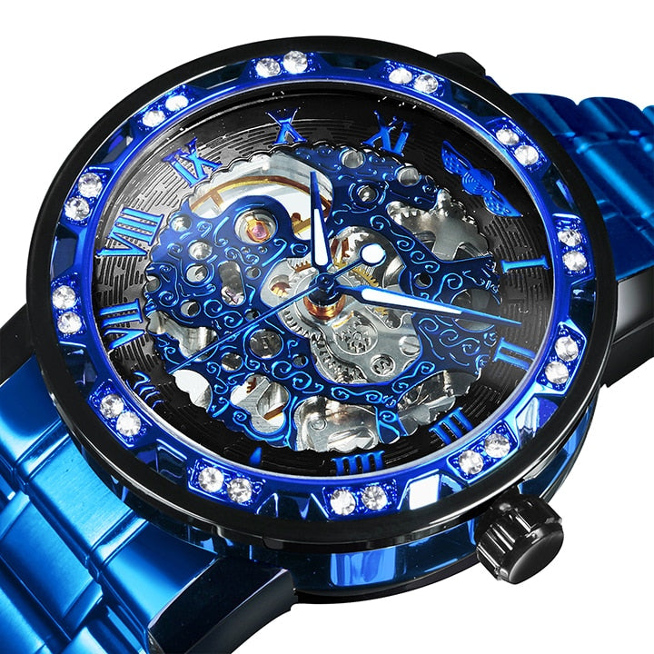 WINNER Transparent Skeleton Watch for Men Mechanical Wristwatches Diamond Watches Mens Luxury Stainless Steel Strap Unisex Clock