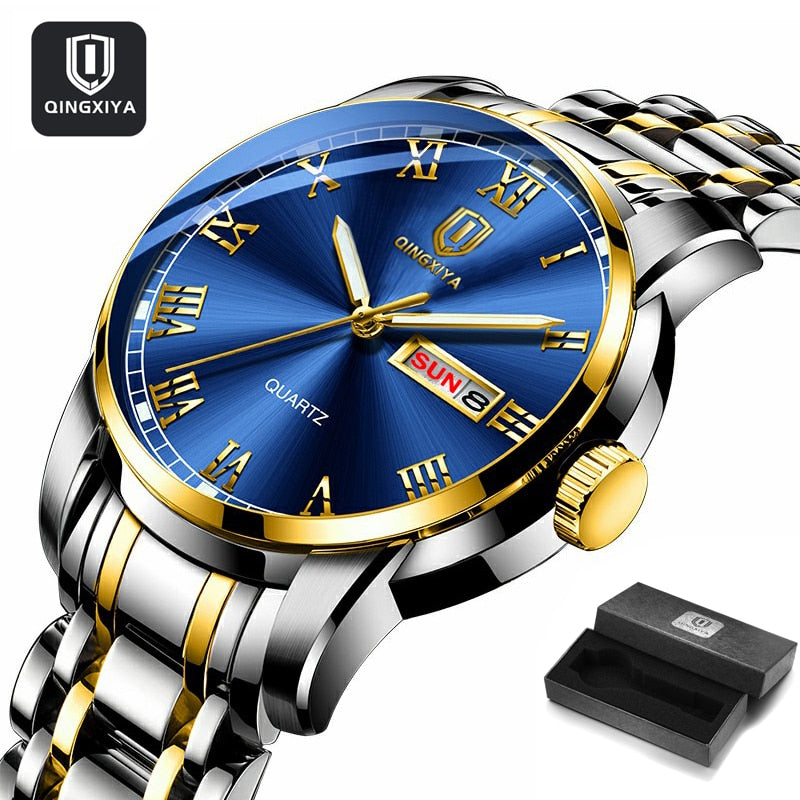 QINGXIYA Top Brand Luxury Gold Red Quartz Watch Men Stainless Steel Luminous Waterproof Watches Week Calendar Business Watch Men